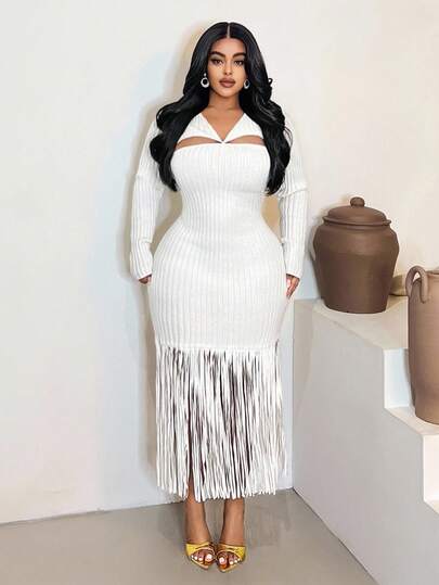 Maweii 大码女式纯色镂空设计长袖流苏下摆修身针织连衣裙