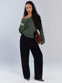 Athîral 女士休闲纯色不对称领抽绳上衣，秋季 - 墨綠色 - 查看 4