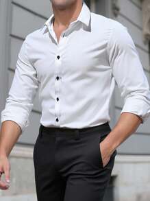 Manfinity Bizformal Men's Casual Long Sleeve Shirt,All White Autumn Business Office Solid Color Sleek Design Lightweight Breathable Fabric Versatile Modern Dress Shirt - White - View 1