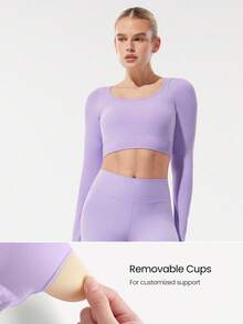 GLOWMODE Second-Skin 无缝交叉露背圆领短款长袖上衣，带拇指孔，低冲击瑜伽普拉提工作室日常休闲装，可拆卸罩杯 - 紫丁香色 - 查看 3