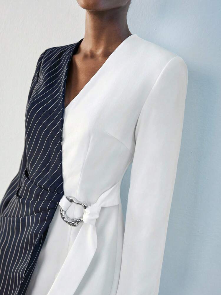 SHEIN Maija Women's Striped Patchwork Long Sleeve Metal Linked Waist Fashionable Mini Dress Fall Dresses For Women Modern Urban Casual Fashion Business Casual Women's Office Wear Low-Key Old Money Style Effortless Temperament High-End Urban Commuting High-Quality Airport Women's Wear High-End Material Fall Clothes Fall Women Clothes Wedding Guest Dress Elegant Modern Urban Casual Fashion Business Casual Women's Office Wear Low-Key Old Money Style Effortless Temperament High-End Urban Commuting High-Quality