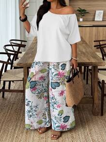 Weeklong Random Print Casual Vacation Style Plus Size 2 Pieces Set