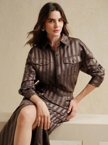 Anewsta 女士春夏新品条纹优雅棕色百搭长袖衬衫