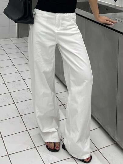 DAZY 复古做旧白色开衩高腰直筒女式长款牛仔裤