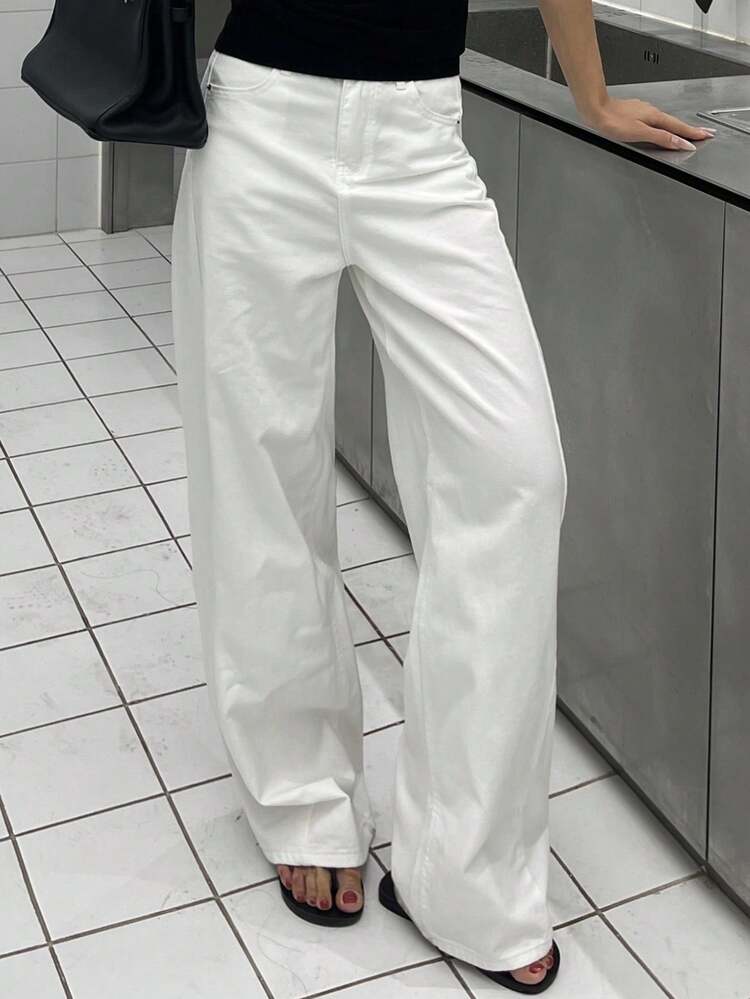 Vintage Distressed White Split Design High Waist Straight Leg Maxi Jeans For Women