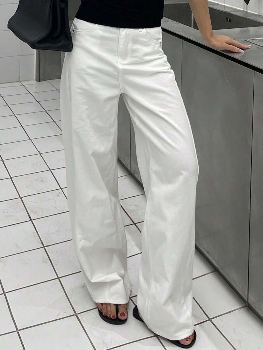 DAZY 复古做旧白色开衩高腰直筒女式长款牛仔裤 - 白色 - 查看 1