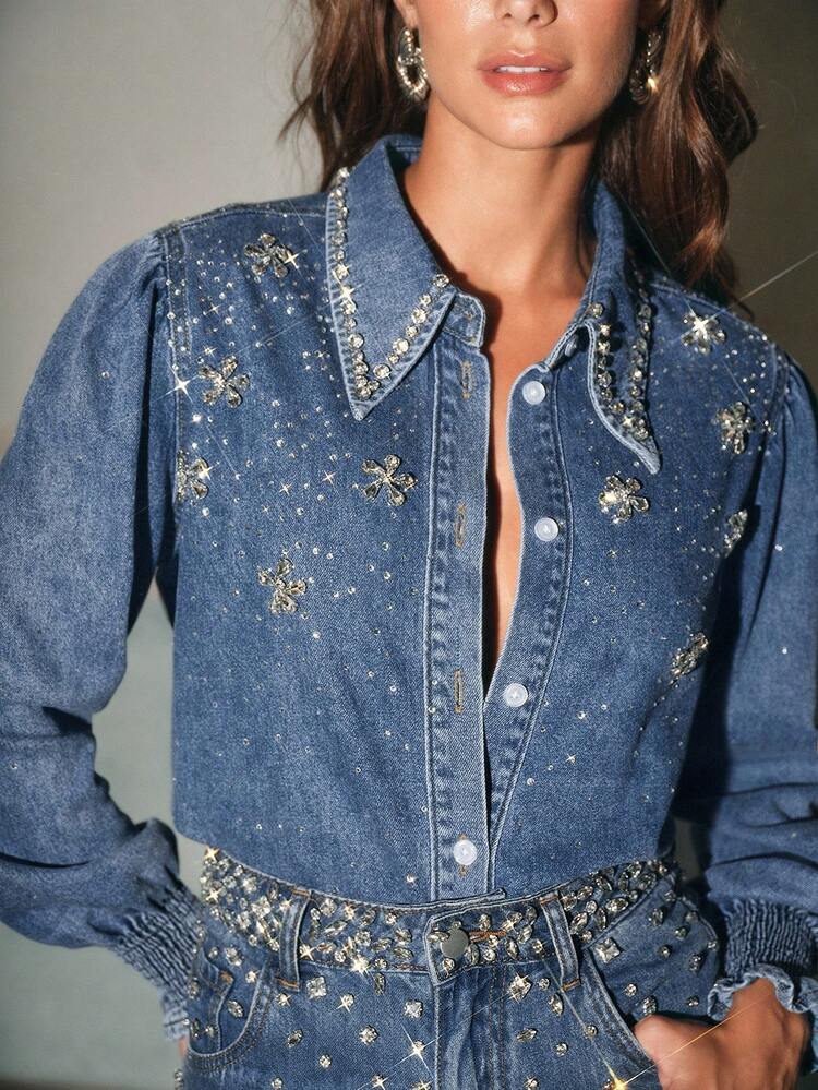Women's New Fashionable Heavily Embellished Sparkling Rhinestone Denim Blouse, Valentine's Day