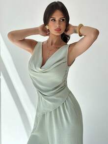 Firerie 女士简约优雅日常通勤休闲都市时尚百搭绿色纹理无袖不对称肩部宽松上衣和阔腿裤套装，夏季服装 - 綠色 - 查看 5