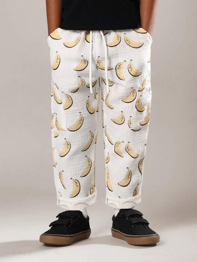 Cotton Pull On Pants With Banana Print Pattern