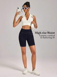 Flexra 休闲时尚百搭修身女式牛仔短裤，夏季 - 深色水洗藍 - 查看 7