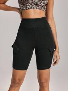 SHEIN FlexDen 女式松紧腰工装口袋紧身休闲牛仔短裤 - 黑色 - 查看 5