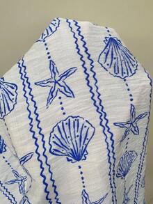 SHEIN Unity 度假休闲印花系带复古抹胸上衣+阔腿裤两件套 - 藍白色 - 查看 3