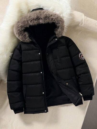 1 件青少年男孩黑色保暖连帽派克大衣时尚宽松棉服适合秋冬季、户外、旅行、学校和各种场合