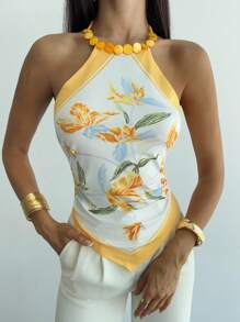 Firerie 女士优雅浪漫串珠花卉印花露背系带下摆吊带背心，适合海滩、派对、音乐节、日常穿着 - 彩色 - 查看 10