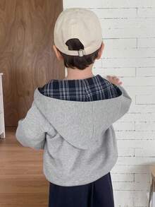 DAZY Kids Fall Clothes, Young Boys Thermal Lined Jacket, Patchwork Plaid Hooded, Casual Loose Fit, Letter Print, Minimalist Style, Autumn