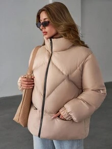 EURMUSE Women's Solid Color Long Sleeve Zipper Front Loose Casual Winter Jacket - Beige - View 4