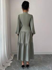 Selianne 女士优雅灯笼袖 A 字中长连衣裙，小立领，收腰，适合通勤，春/秋/冬 - 軍綠色 - 查看 2