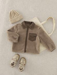 Playful Pals 1pc Boys' Jacket, Full Zip Closure, Contrast Corduroy Collar/Pockets, Reversible Sherpa Lining, Comfortable For Outdoor Activities And Casual Wear Fall Winter - Camel - View 1