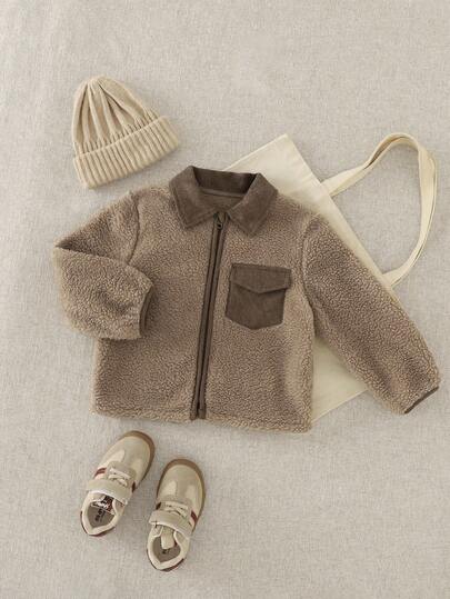 Playful Pals 1pc Boys' Jacket, Full Zip Closure, Contrast Corduroy Collar/Pockets, Reversible Sherpa Lining, Comfortable For Outdoor Activities And Casual Wear Fall Winter