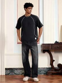 Manfinity VCAY 男士休闲撞色短袖T恤 - 黑色 - 查看 3