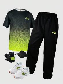 SHEIN Conjunto deportivo informal para niños preadolescentes, camiseta de manga corta de cuello redondo y pantalones jogger