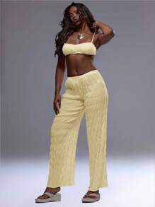 MUSERA Ruched Textured Straight Leg Trousers Summer 90's Boho Elegant Holiday Casual - Yellow - View 5
