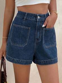 Strévra Women's Summer Casual Denim Shorts With Large Pockets - Blue - View 4