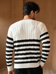 Manfinity VCAY 男士休闲扭绳条纹宽松落肩圆领毛衣男条纹毛衣条纹套头毛衣男男士针织毛衣男套头毛衣绞花针织毛衣男条纹毛衣男男士套头毛衣绞花针织条纹毛衣男条纹针织毛衣，秋冬 - 黑與白 - 查看 4