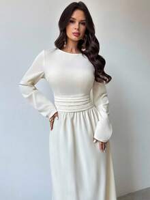 Firerie 女式朴素杏色优雅度假不对称领口垂坠露肩不对称无袖连衣裙，适合春夏秋冬，沙滩装，机场装，度假装，教师装 - 杏色 - 查看 6