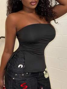 Alexandranx Y2K Subculture Leopard Print Hem Slit Design Women Tube Top - Black - View 3