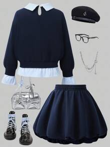 Sparklyn 青少年女孩韩式时尚休闲套装，包括 Polo 领运动衫 + 荷叶边迷你裙，新装，返校服装