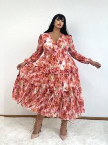 SHEIN CURVE+ 大码V领长袖全印花百褶休闲连衣裙长款女装 - 彩色 - 查看 4