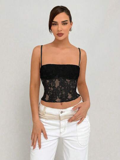 Aloruh Romantic Date Backless White Lace Camisole Top With Neck Tie For Women