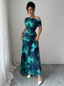 Elenzga Women's Contrast Color Floral Print Asymmetrical Neck + Waist Ruched Dress - Green - View 5