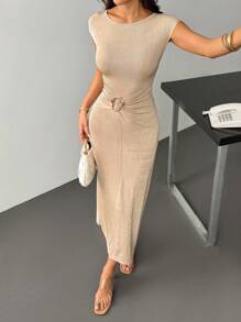 SHEIN PETITE 夏季秋冬杏色亮片冰丝圆领短袖流行时尚金属装饰修身中长款女装连衣裙 - 杏色 - 查看 5