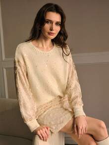 MOTF PREMIUM SUÉTER ROMÁNTICO CON BORDADO DE LENTEJUELAS Y PARCHES EN LAS MANGAS, ADECUADO PARA CITAS DE OTOÑO/INVIERNO - Beis - Ver 8