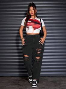 SHEIN CURVE+ Plus Size Women Non-Stretch Fashionable Sexy Ripped Cone Jeans Women Spring Outfits - Black - View 4