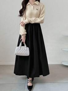 FRIFUL Đầm dài thường ngày họa tiết chắp vá màu đen trơn tương phản, cổ áo vải họa tiết, eo rộng rãi, đa năng, thu/đông - Màu be - Xem 1