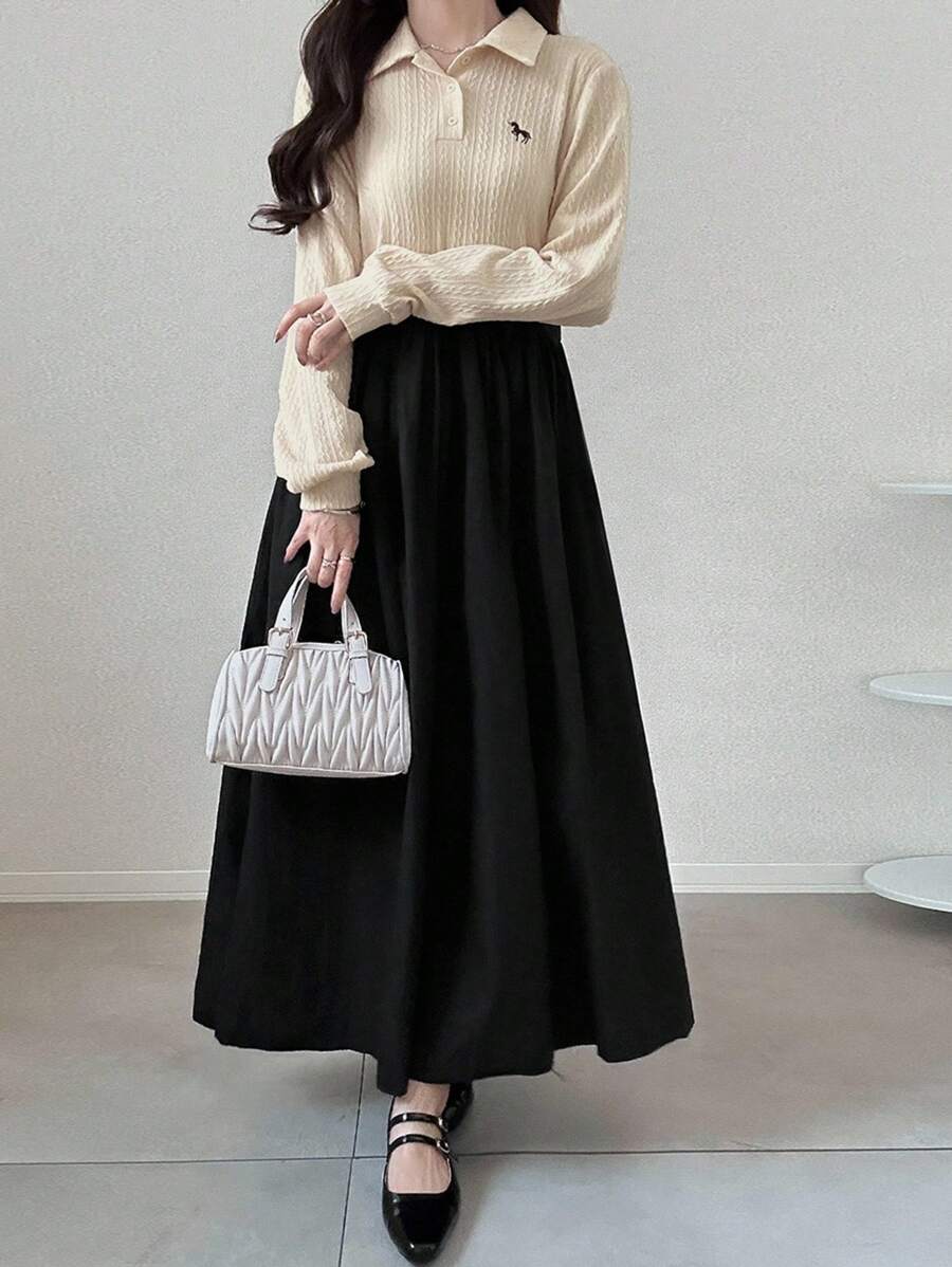 FRIFUL Đầm dài thường ngày họa tiết chắp vá màu đen trơn tương phản, cổ áo vải họa tiết, eo rộng rãi, đa năng, thu/đông - Màu be - Xem 1