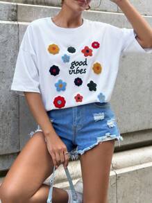 EURMUSE 女士花卉刺绣圆领落肩宽松休闲 T 恤 - 白色 - 查看 3