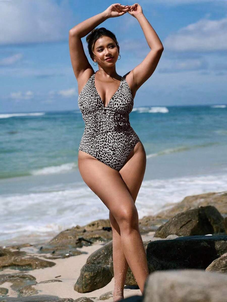 Swim SXY Plus Size Women's One-Piece Leopard Print Halter Backless Sexy Swimsuit, Casual Beach Holiday