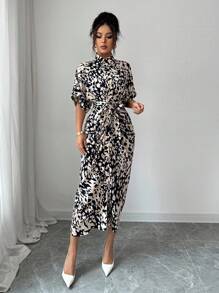 SHEIN Clasi Đầm Maxi Tay Cánh Dơi In Họa Tiết Toàn Thân Có Thắt Lưng Cho Nữ - Nhiều màu - Xem 6