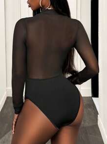 SHEIN X Scot Louie BamGleam 性感镂空钢圈胸罩杯半透明长袖女式紧身衣，秋季 - 黑色 - 查看 2