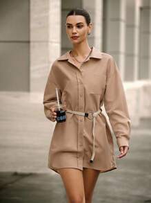 Hanevo Women's Casual Shirt Dress With Button And Belt Fall Cloth For Women - Khaki - View 4