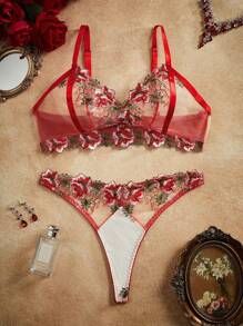 SHEIN Women's Sexy Floral Embroidery Lingerie Set - Red - View 1