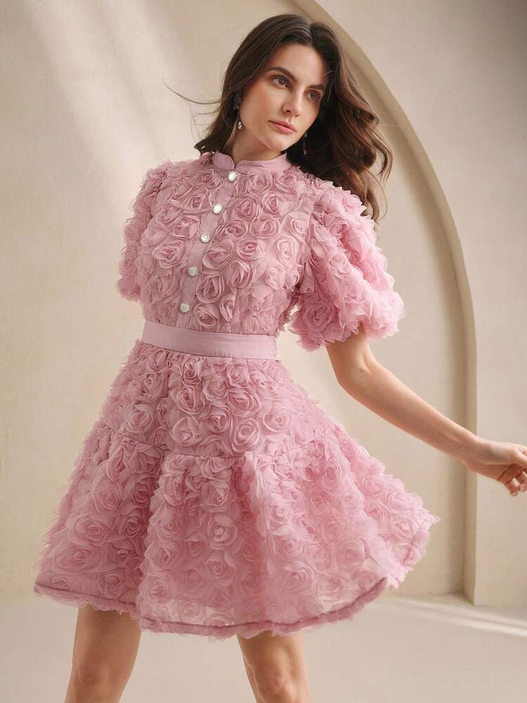 Women's Sweet & Elegant Bubble Sleeve Dress, Slim Fit, High-Quality French Style, Suitable For Spring/Summer, Valentine's Day, Birthday