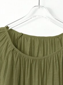 EMERY ROSE Áo sơ mi tay đèn lồng màu trơn thường ngày cỡ lớn - xanh quân đội - Xem 3