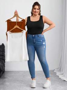 SHEIN CURVE+ Curves 大码/学校服装/返校服装/返校 3 件套大码女式修身吊带背心，百搭款式，用途广泛