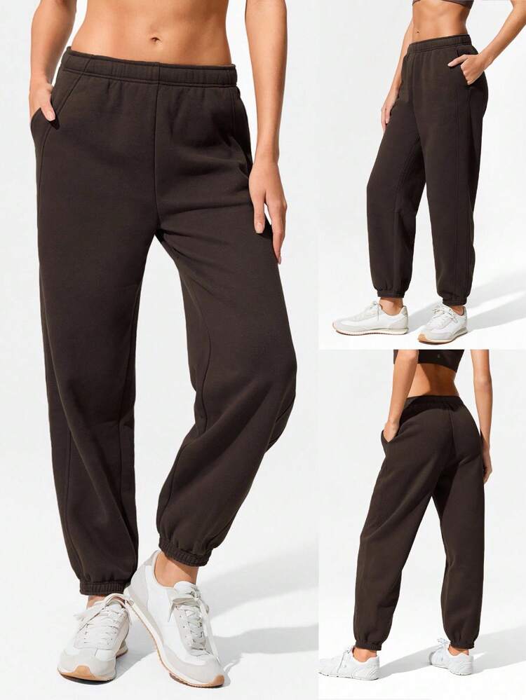 30" Pantalones jogger básicos de felpa con ajuste oversize, cintura con cordón ajustable y bolsillos laterales, para uso diario y casual
