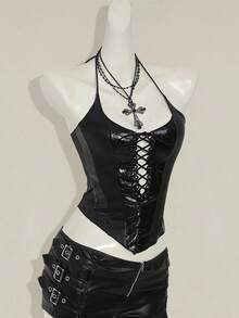 SHEIN ICON Women's Retro Sexy Avant-Garde Fashion Personalized Street Millennial Style Y2K Halloween Wear Sequined Leather Stitching Front Center Strap Pointed Hem Bat Shape Slim Fit Top - Black - View 7